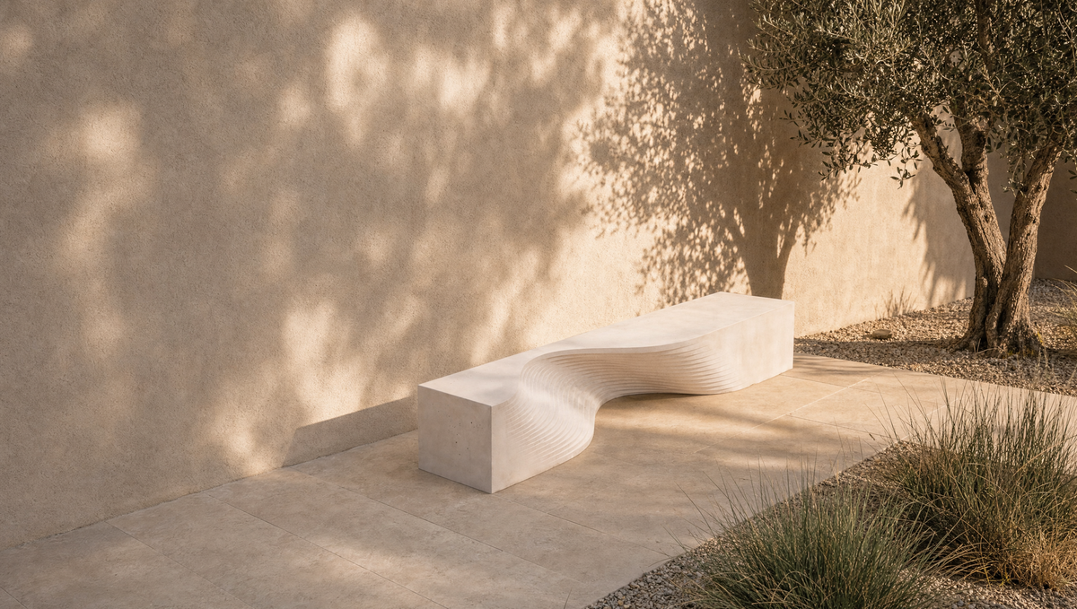 CINTA Sculptural Seating on a stone path in a planted garden