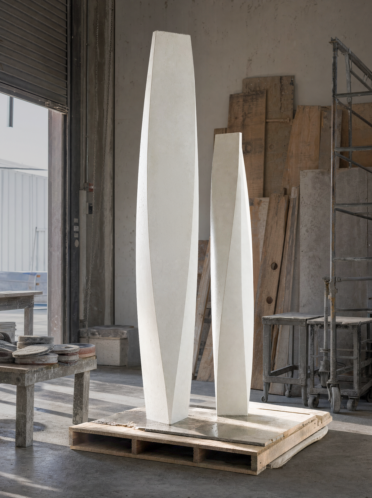 Two finished CRESTA monoliths on a pallet in the San Diego shop