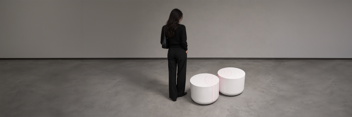 BOLA Vector side tables in lilac and white, each line specified to the body